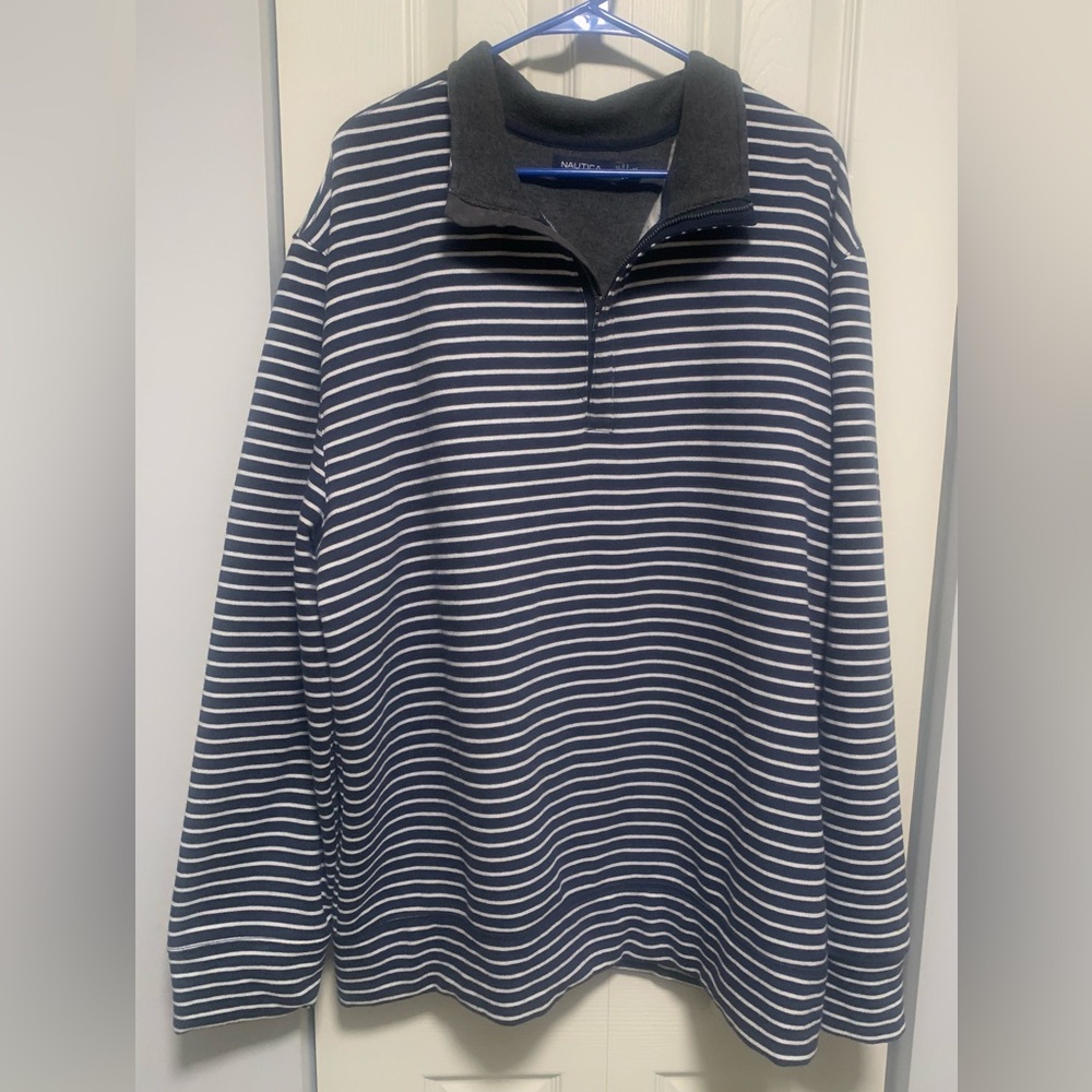 Nautica Striped Quarter Zip Pullover Sweatshirt Navy Blue and White - Picture 1 of 4